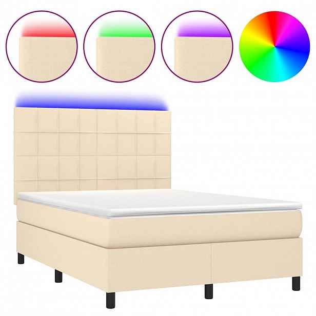 vidaXL Box spring postel s matrací a LED krémová 140x200 cm textil