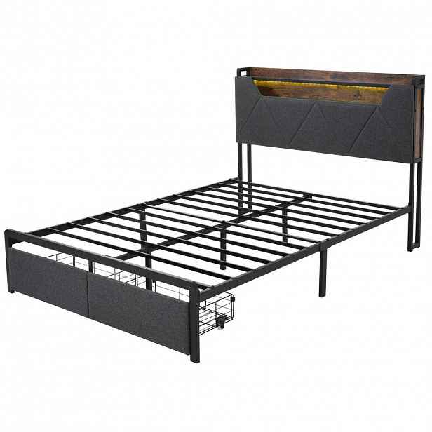 Modfu ČALOUNĚNÁ postel ze lněné tkaniny 140x200 cm šedá s LED osvětlením, USB-C nabíjením a úložnými zásuvkami