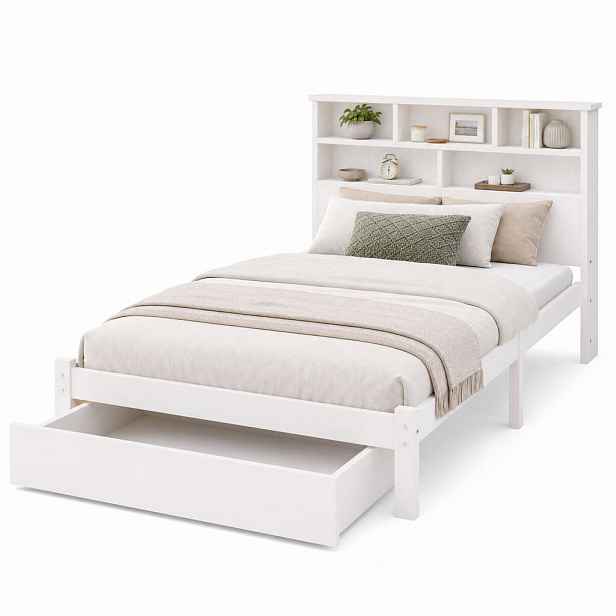 STILVORA POSTEL 90/200 cm bílá se zásuvkami a policí, design knihovny