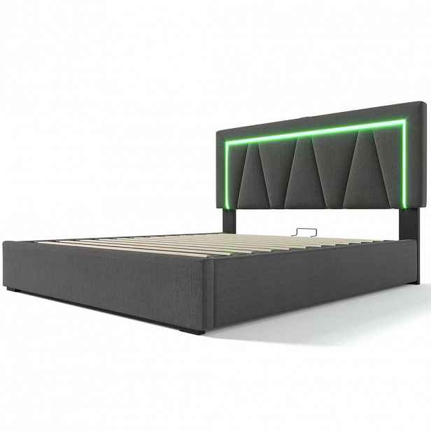 Modfu ČALOUNĚNÁ postel ze lnu 140x200 cm šedá s LED osvětlením, USB-C a úložným prostorem