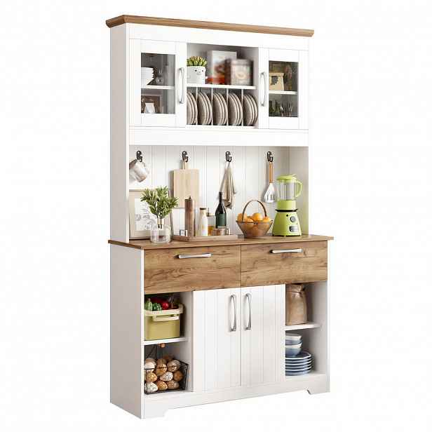 Redom BUFFET 106/39/176,5 cm s úložným prostorem, vitrínovými policemi, zásuvkami a háčky, Bílá a přírodní