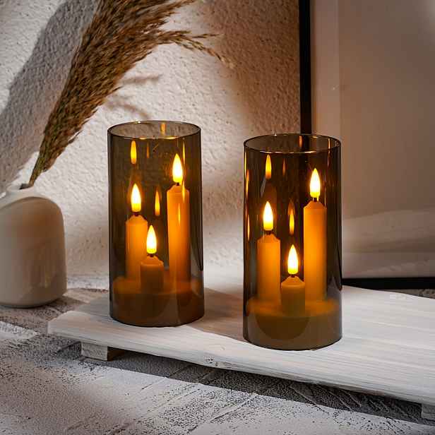 TEMU 2ks LED blikající sloupkové svíčky, tříknotové bezplamenné LED sloupkové svíčky, zlatošedá realistická blikající sada LED svíček na baterie,