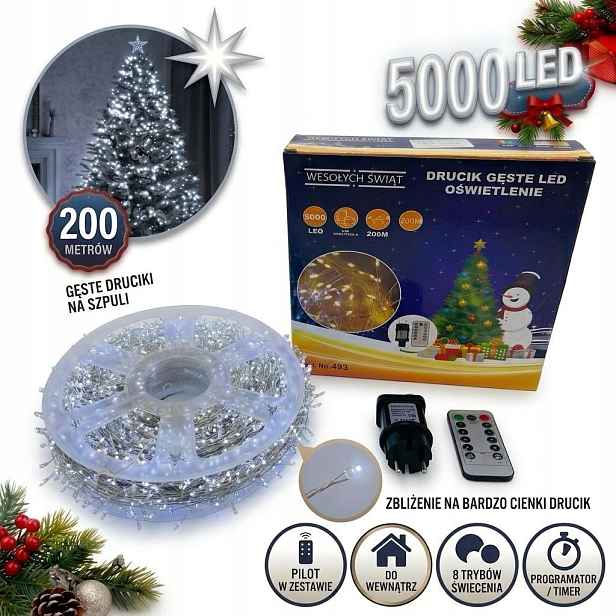 Vánoční Osvětlení Na Stromeček Studené Bílé 5000 Led 200 m Drátek Pilot Timer