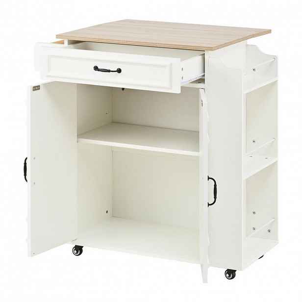 Modfu KUCHYŇSKÝ vozík z MDF 66x40(60)x90 cm bílý se sklopnou deskou, zásuvkou, skříňkou a kolečky