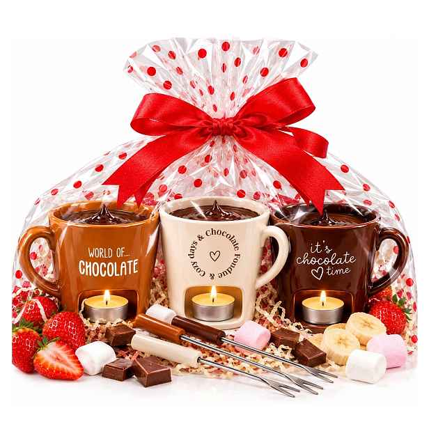 Sada 3 hrnků na čokoládové Fondue, keramické, 6 vidliček, 3 x hrnek