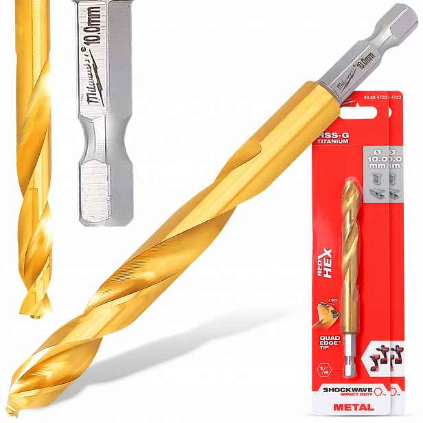 2x Kovové Vrtáky 10 mm Milwaukee Hss-g Titanové úderové Hex z oceli na dřevo