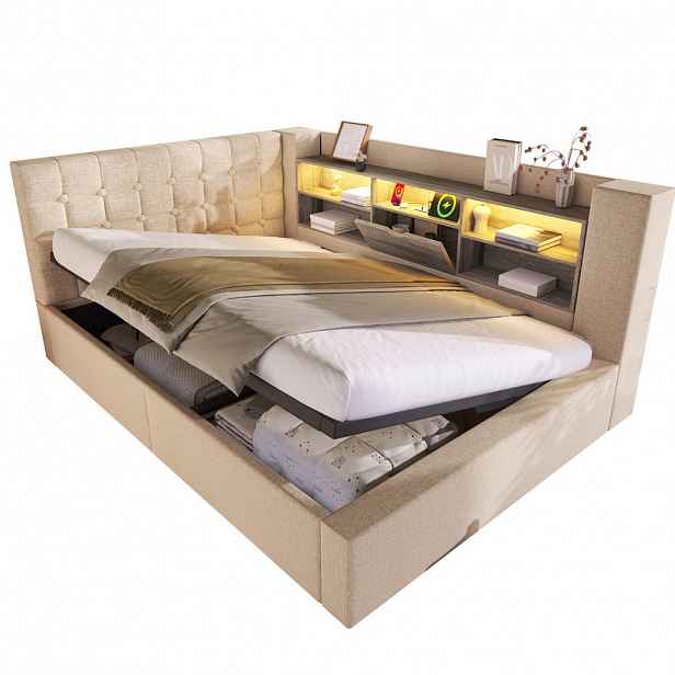 Modfu ČALOUNĚNÁ postel z lnu 140x190 cm béžová s LED osvětlením, USB porty, hydraulickým úložným prostorem a L čelem