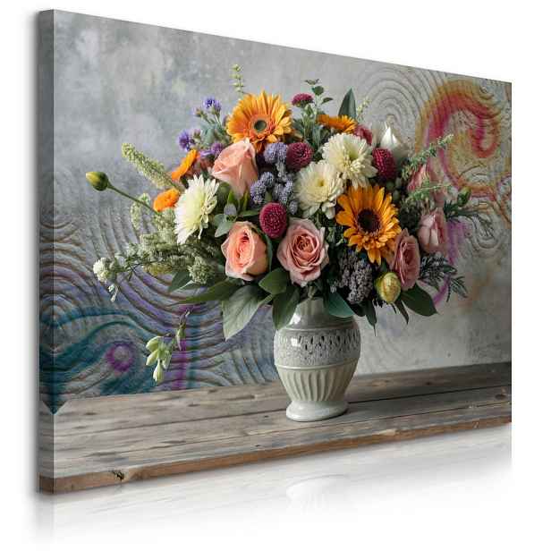 Muralo OBRAZ NA PLÁTNĚ do Obývacího Pokoje Kytice Květin ve Váze s Ornamenty 70cm x 50cm