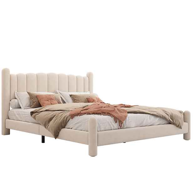 Redom ČALOUNĚNÁ postel 160/200 cm s lamelovým roštem, vlnité čelo a sametový potah, Béžová
