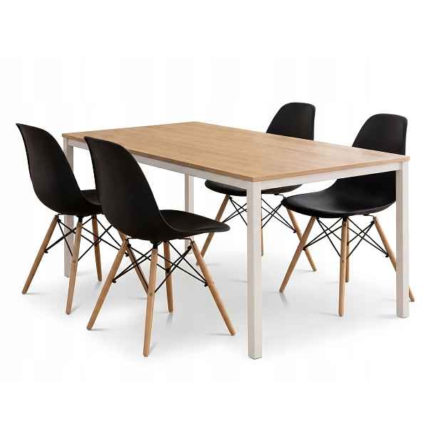 Jídelní set stůl 120x60 cm v dekoru dub sonoma a 4 skandinávské židle v černé barvě