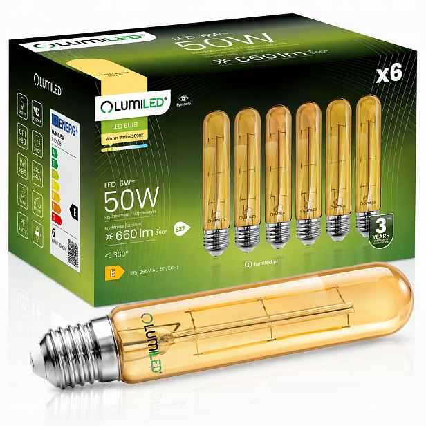 6x Led žárovka E27 T30 6W 50W 660lm 2000K Teplá 360° Jantarová Filamentová