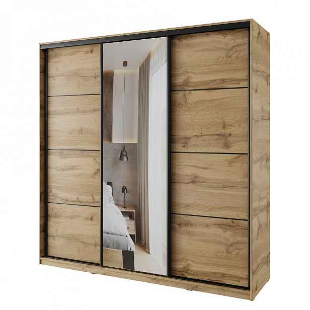 Šatní skříň NEJBY BARNABA 200 cm s posuvnými dveřmi, zrcadlem,4 šuplíky a 2 šatními tyčemi,dub wotan