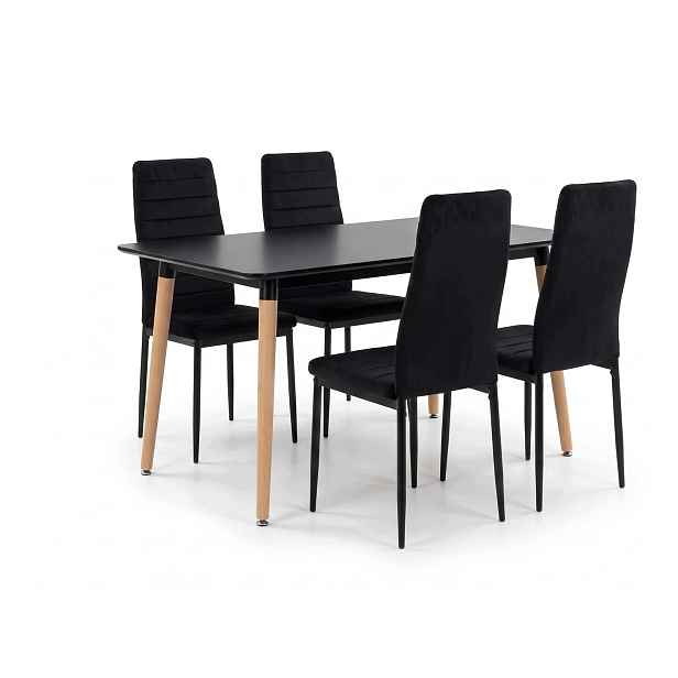 Jídelní set 120x80 cm, černý stůl s bukovými nohami 4 černé sametové židle Axell