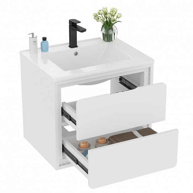 Modfu KOUPELNOVÁ skříňka z MDF a keramiky 60x46x50 cm bílá s LED senzorovým osvětlením a 2 zásuvkami