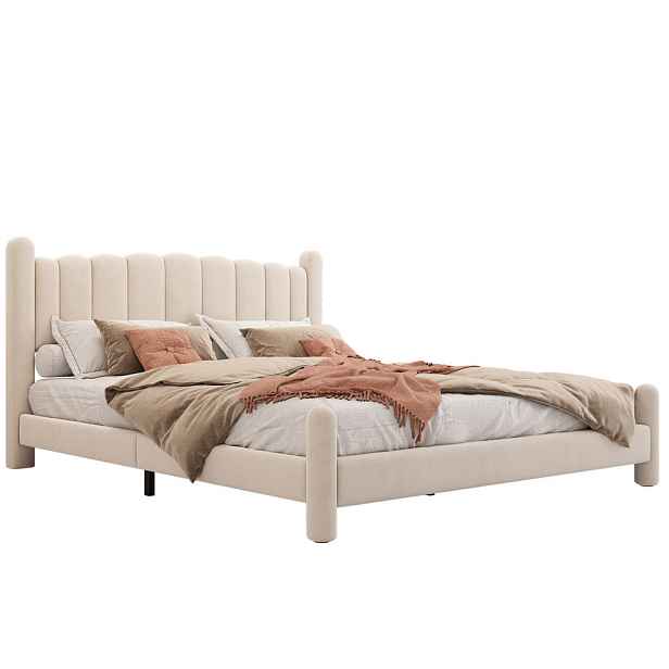 OKWISH ČALOUNĚNÁ postel 180/200 cm béžová ze sametu s vlnovým čelem a lamelovým roštem
