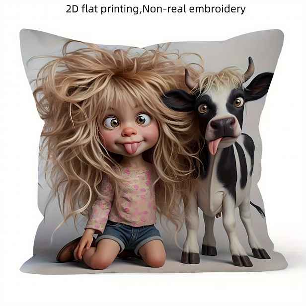 TEMU 1ks Roztomilá dívka a kráva povlak na polštář, 2D HD tisk & elegantní umění, pouze 2D potisk, jednostranný, bez výplně. Ideální pro podzimní