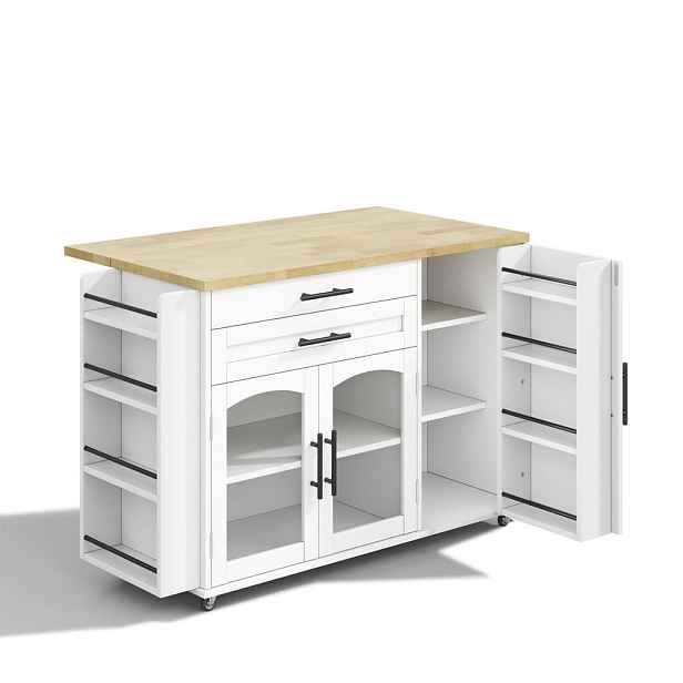 OKWISH KUCHYŇSKÝ vozík 120/45(70)/90 cm přírodní bílá z MDF s klopnou deskou a zásuvkami