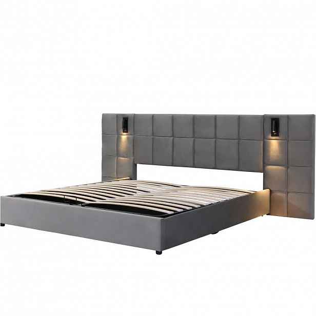 Modfu ČALOUNĚNÁ postel z oceli 180x200 cm šedá s USB, nastavitelným světlem a hydraulickým úložným prostorem