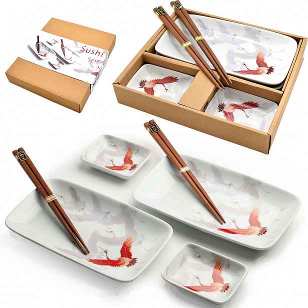 Sada keramiky pro Sushi Světlá sada Motiv Crane Keramika pro 2 osoby