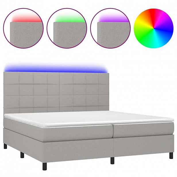 vidaXL Box spring postel s matrací a LED světle šedá 200x200 cm textil