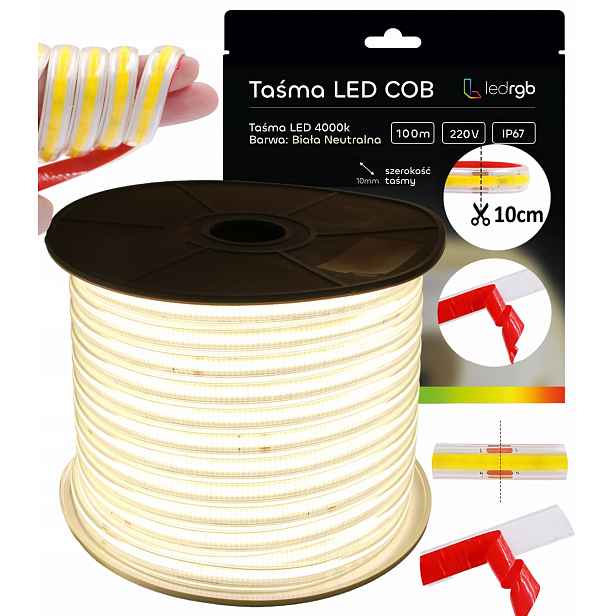 Led Páska Cob 100 m 230 V Bílá Neutrální 4000K Řezaná Každých 10 CM Bez Napájecího Zdroje
