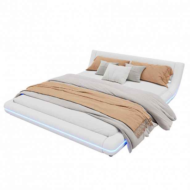 Modfu ČALOUNĚNÁ postel z PU a MDF 160x200 cm bílá s LED osvětlením, nízkým rámem a snadnou údržbou