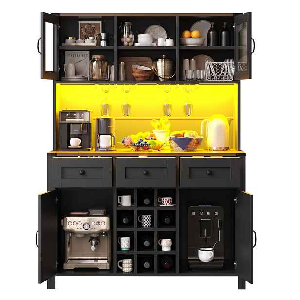 OKWISH KUCHYŇSKÁ skříň 120/40/170 cm černá z MDF, skla a kovu s LED osvětlením a zásuvkami
