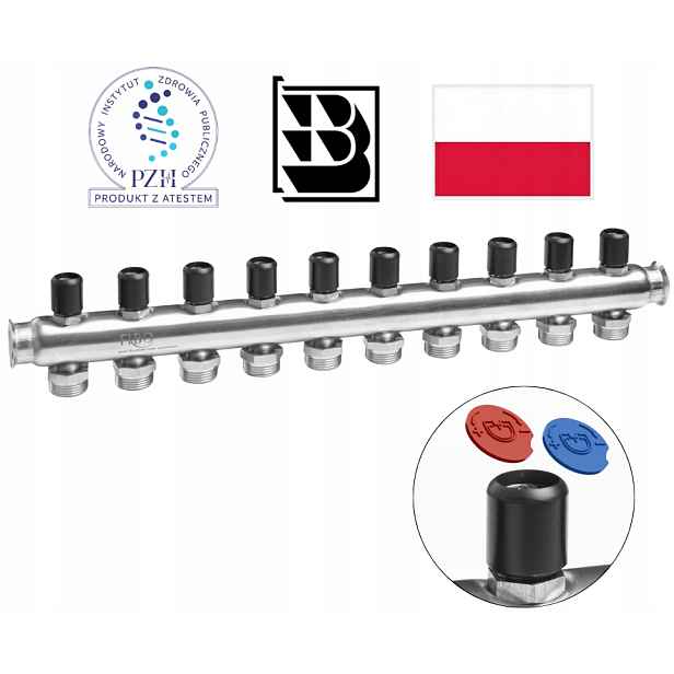 Rozdělovač Inox Home na pitnou vodu 3/4″ z nerezové oceli, 10 sekcí