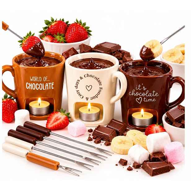 Sada 3 hrnků na čokoládové Fondue, keramické, 6 vidliček, 3 x hrnek