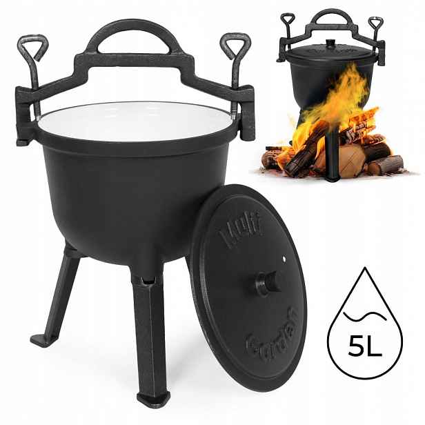 Smaltovaný litinový kotlík 5L stojící lovecký hrnec táborák gril Multi