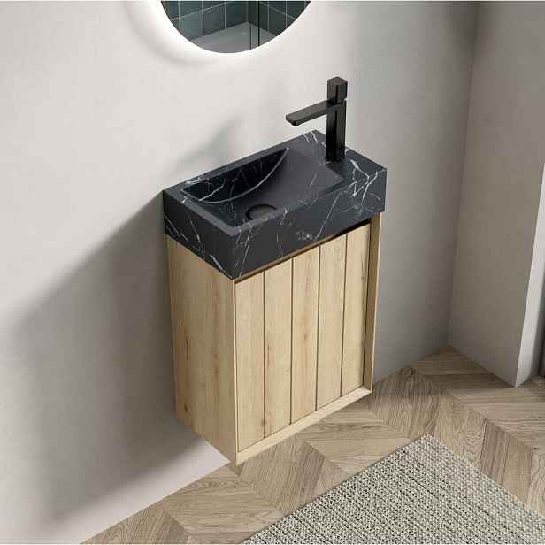 Modfu KOUPELNOVÁ skříňka s umyvadlem z mramoru 40x22x58 cm černá a bílý dub, závěsná, s 1 dvířky, předmontovaná