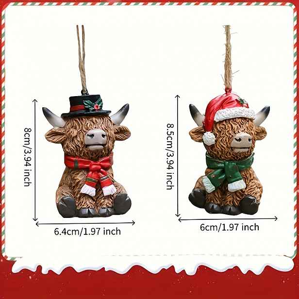 TEMU 2 ks vánočních ozdob ve tvaru skotské krávy Highland - s Santa čepicí a dekoracemi ve tvaru skotského skříňka, vhodné pro vnitřní i venkovní