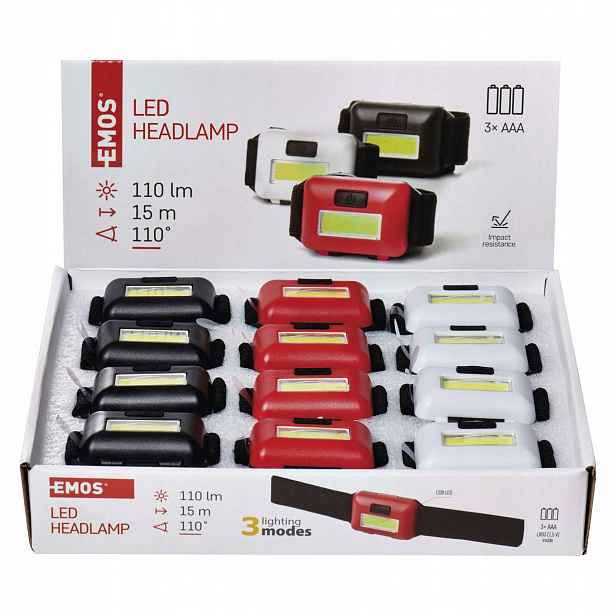Emos Cob Led čelovka P3538, 110 lm, 3x Aaa, 12 ks, box