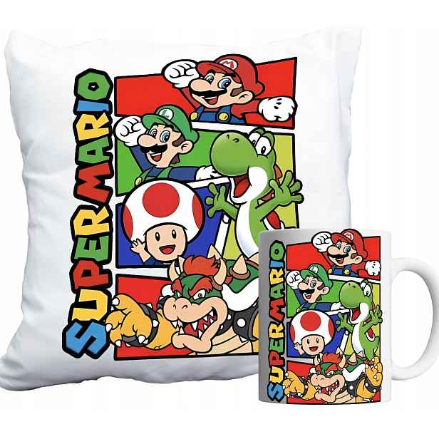 Set Hrnek A Polštář Bílý Mario Bros Dárek Pro Dítě Jméno