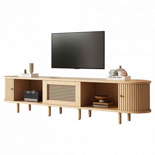 STILVORA TV STOLEK v přírodní barvě se zásuvkami a posuvnými dvířky pro TV do 70 palců, 180×40×40 cm