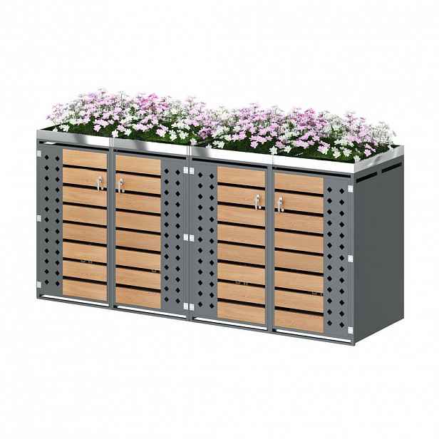 Modfu BOX na popelnice z oceli 264x80x124 cm šedá v dekoru dřeva, uzamykatelná pro 4 nádoby