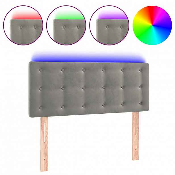 vidaXL Čelo postele s LED světle šedé 100 x 5 x 78/88 cm samet