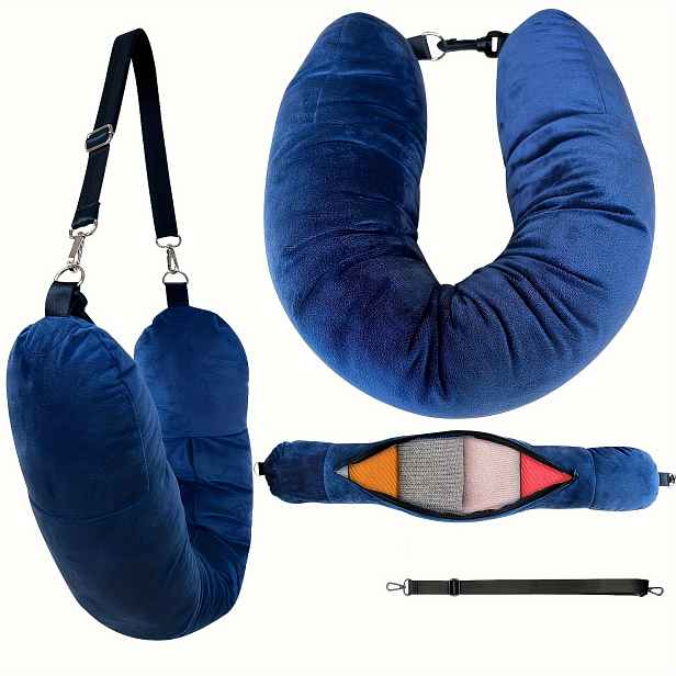 TEMU Cestovní polštář ve tvaru U s nastavitelným ramenním popruhem, dostupný ve 3 barvách, měkký a kompaktní, pohodlný pro podporu krku během
