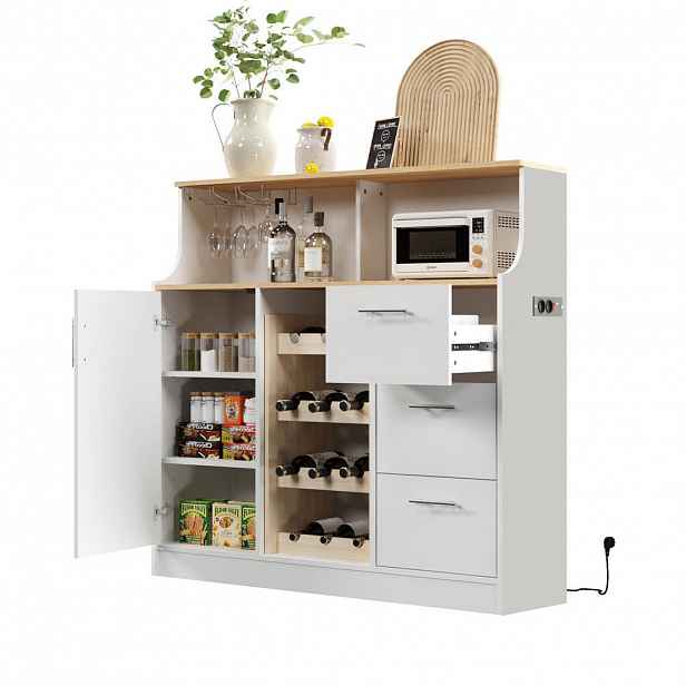 OKWISH BOČNÍ skříň 120/40/121 cm bílá a přírodní z MDF s LED osvětlením, zásuvkou a stojanem na víno