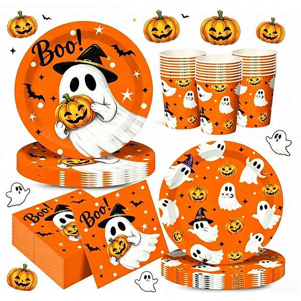Sada Halloween 68 Dílů Talíře Hrnky Ubrousky Duchové Na Jedno Použití