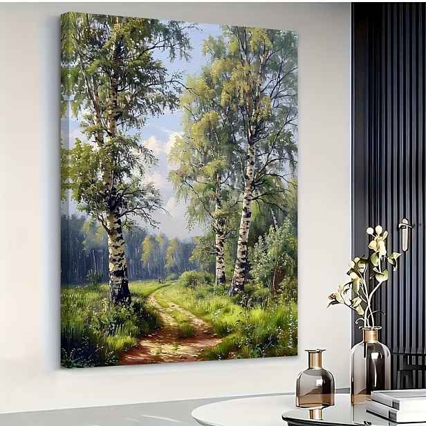 TEMU 2D plochý obraz na plátně, 1 ks Velký lesní chodník Olej na plátně - Panoramatický obraz s břízy s rámem z masivního dřeva (40.64X60.96 Cm/