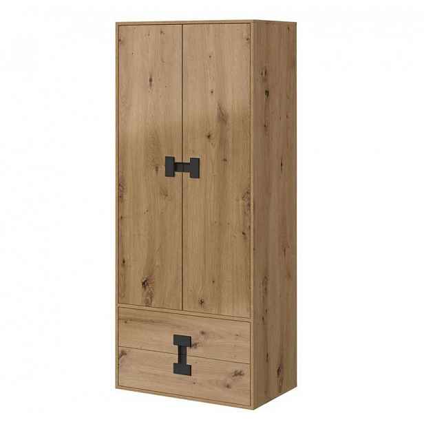 Dvoudveřová šatní skříň BASHIRA - 80 cm, dub / dub artisan lesklá