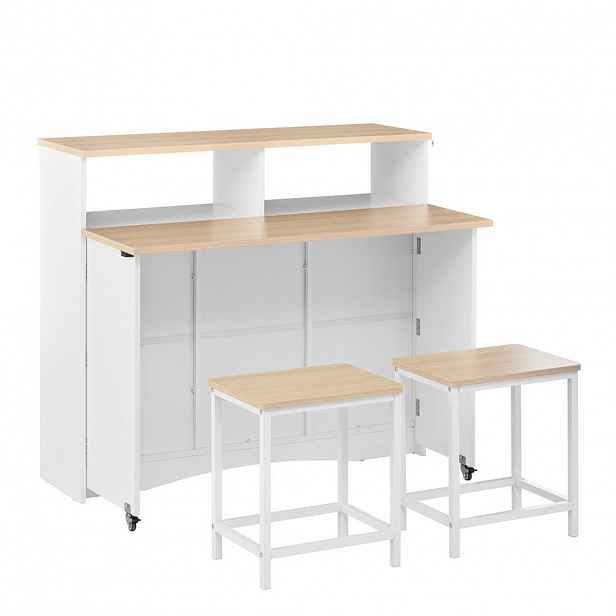 Modfu KUCHYŇSKÝ ostrůvek z MDF 110x34-68x97,5 cm bílý se sklopnou deskou, kolečky a 2 stoličkami