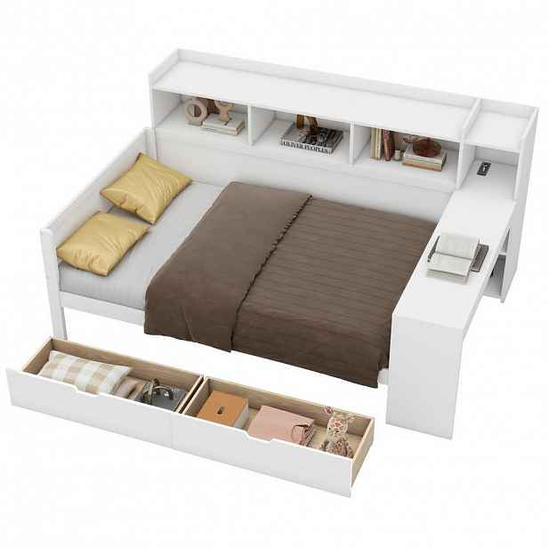 Modfu POSTEL z dřevotřísky a MDF 90x200 cm bílá s USB, zásuvkou, psacím stolem a 2 zásuvkami