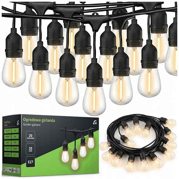 Zahradní světelná girlanda 20M 20X Led žárovka E27 vodotěsný kabel