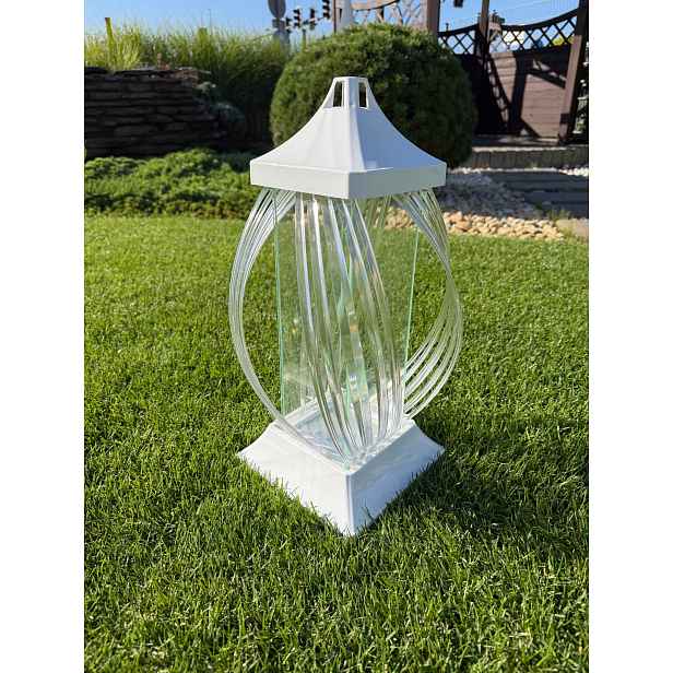 Hřbitovní Svíčka s bílou stuhou a průhledným stínítkem – náhrobní lampa 40x22