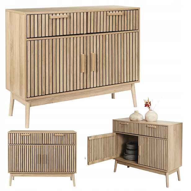 Komoda Linea 100x80x35 cm Dub 2 zásuvky 2 skříňky béžová, moderní dřevo