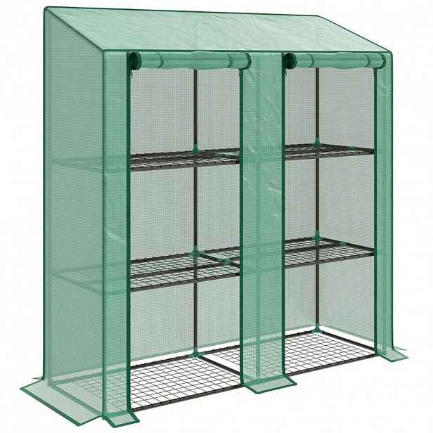 Modfu BALKONOVÝ skleník z oceli 143x46x141/151 cm zelený se 6 drátěnými policemi, 2 rolovacími dveřmi a zesíleným krytem