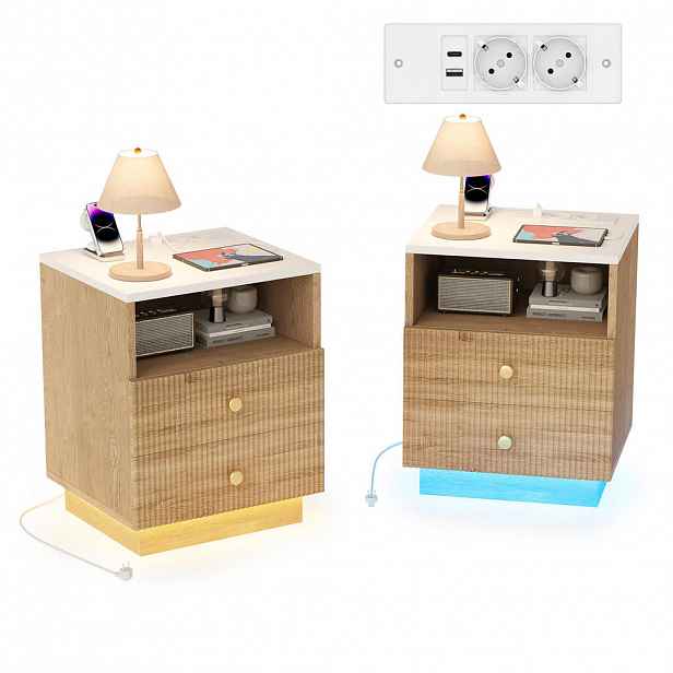 NOČNÍ stolek 2dílná sada se zásuvkou, LED, odkládací stolek, dřevěný, 2 zásuvky, USB