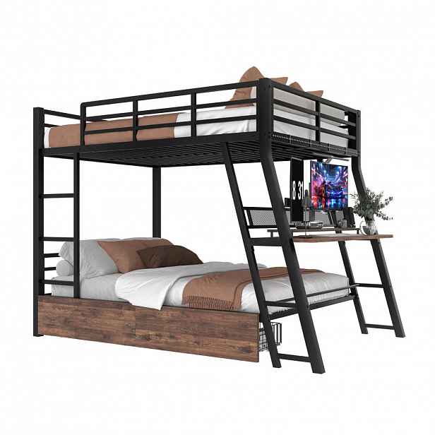 STILVORA HOCHBETT 140/200 cm in Schwarz mit 2 Schubladen, LED und Schreibtisch Metall Design